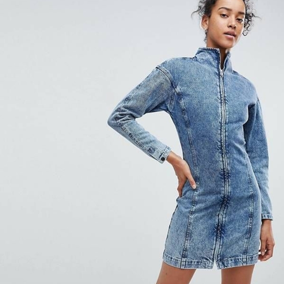 ASOS Dresses & Skirts - Asos 🧿Funnel neck acid wash zip front denim dress